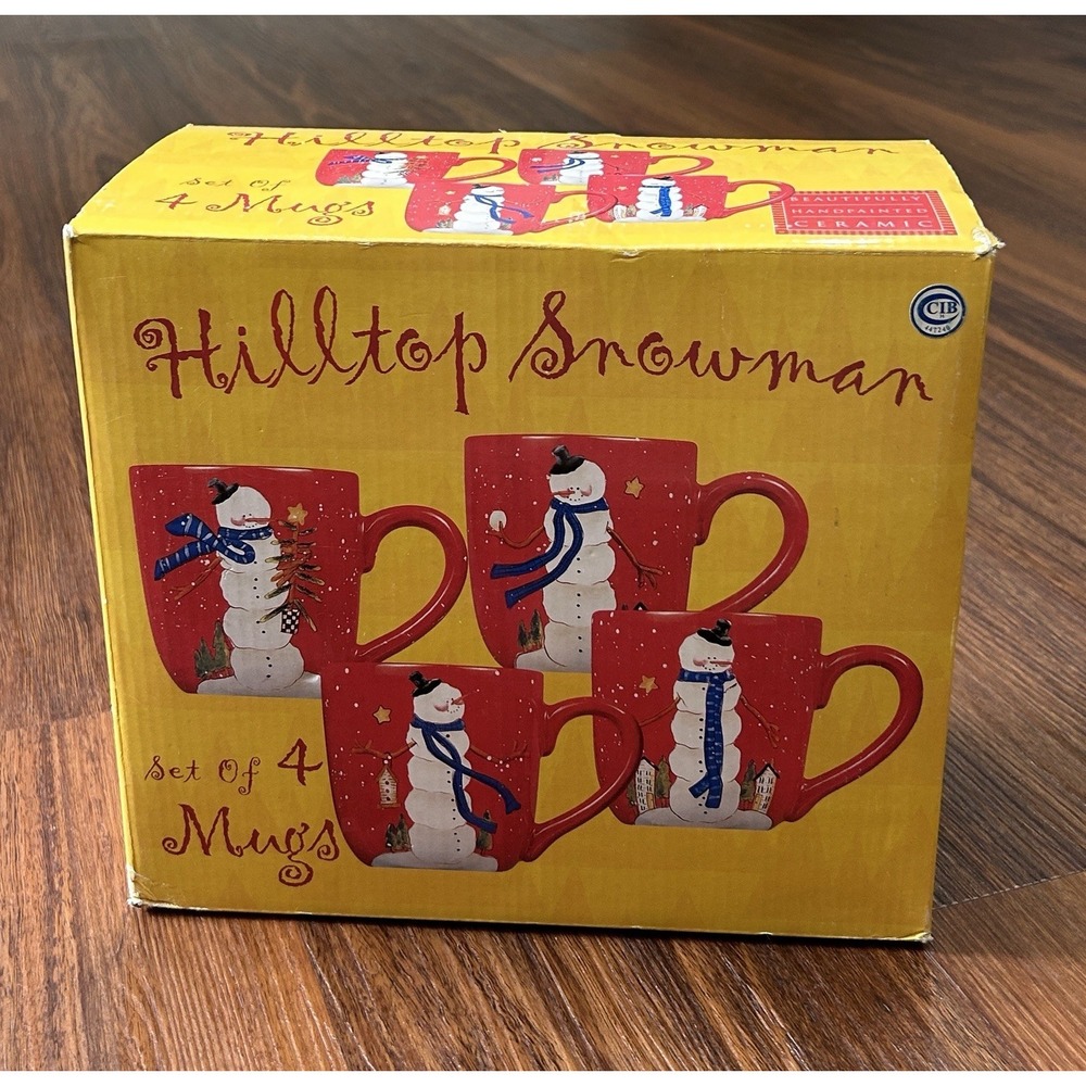 Hilltop Snowman Certified International Hand Painted Set of 4 Christmas Mugs New